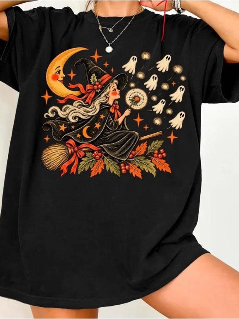 Black Halloween Witch Graphic Tee with Orange & Cream Accents